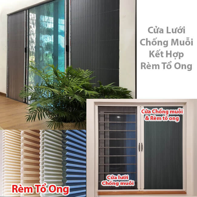 Cửa lưới chống muỗi kết hợp rèm tổ ong chống nắng
